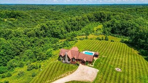 Una casa grande con piscina, rodeada de campos verdes exuberantes y un bosque denso.