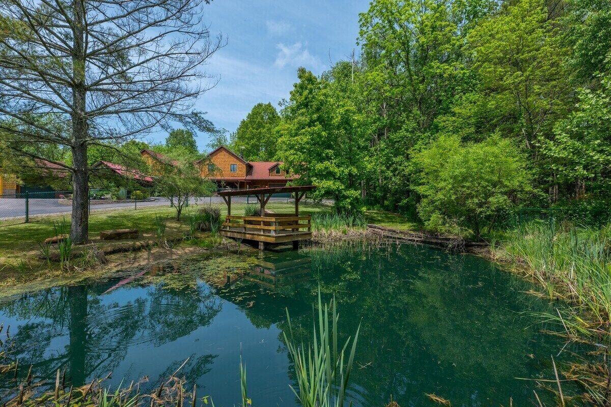 A wooden cabin with a dock extending into a calm pond, surrounded by lush greenery and trees.