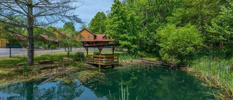 A wooden cabin with a dock extending into a calm pond, surrounded by lush greenery and trees.
