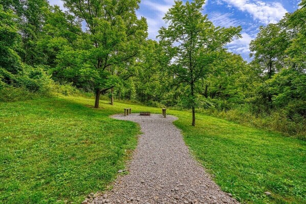 Ein Kiesweg, der durch einen Park mit Bäumen und Bänken führt.