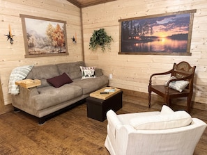 Smart TV, fireplace, books