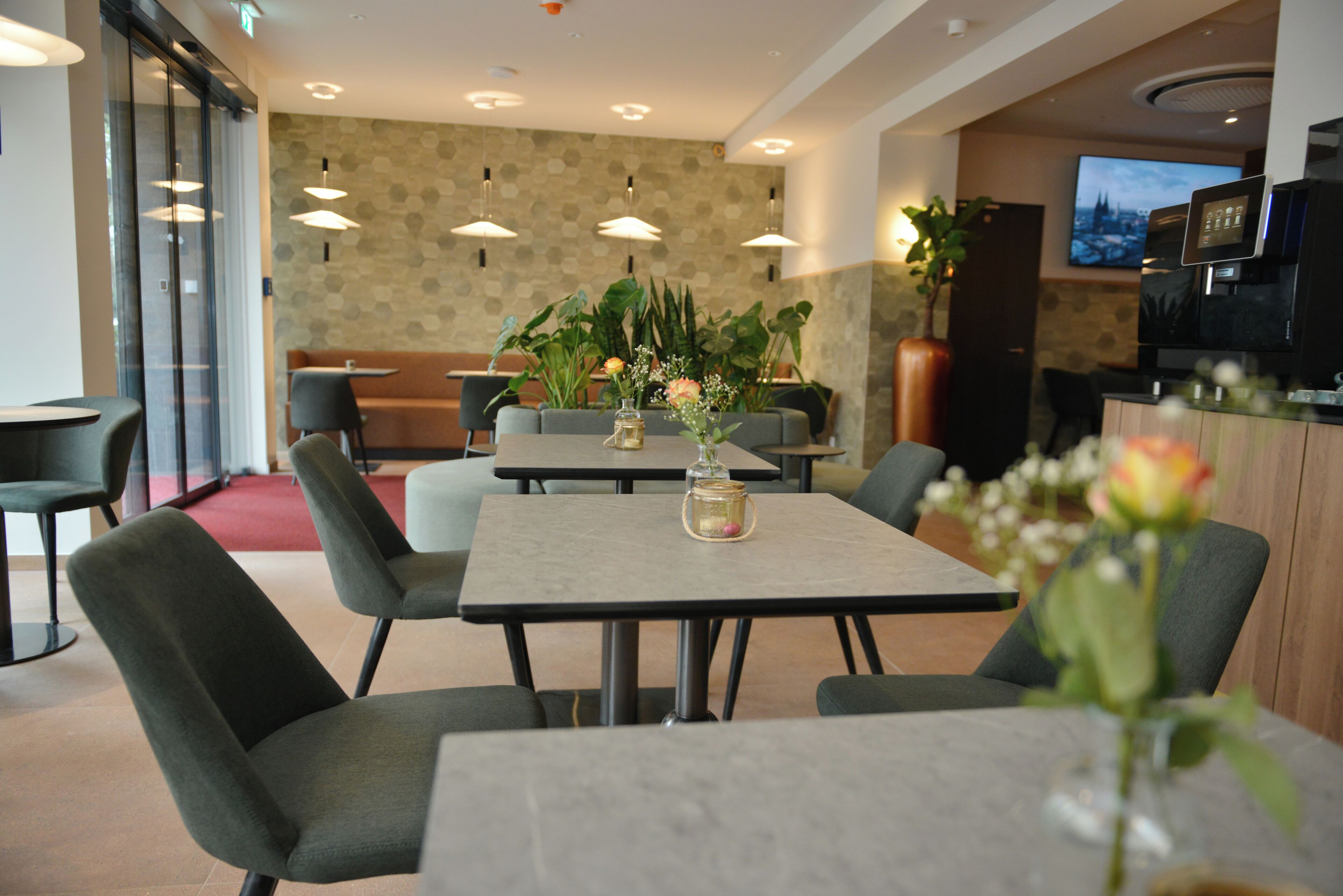 A modern dining area with tables and chairs, a large plant centerpiece, and a television on the wall.