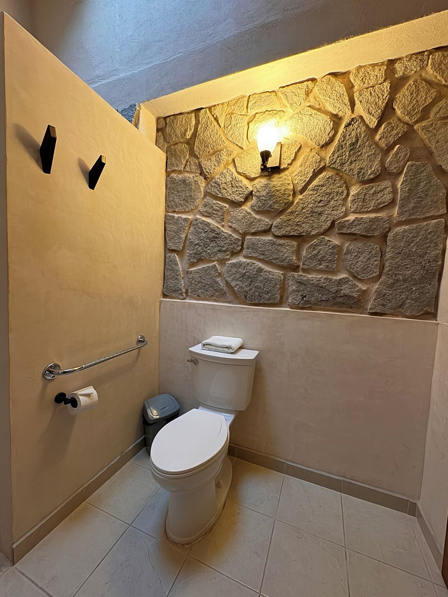 A bathroom with a stone wall, a toilet, a handrail, and a towel rack.