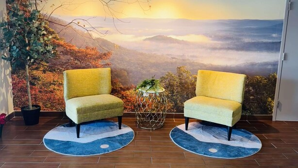 A room with two yellow armchairs facing a large wall mural depicting a mountainous landscape. - Clarion Pointe (Albemarle)