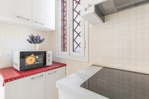 Kühlschrank, Mikrowelle, Herdplatte, Kochgeschirr/Geschirr/Besteck