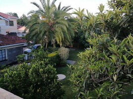 Un jardín residencial con palmeras, césped y un edificio de piedra.