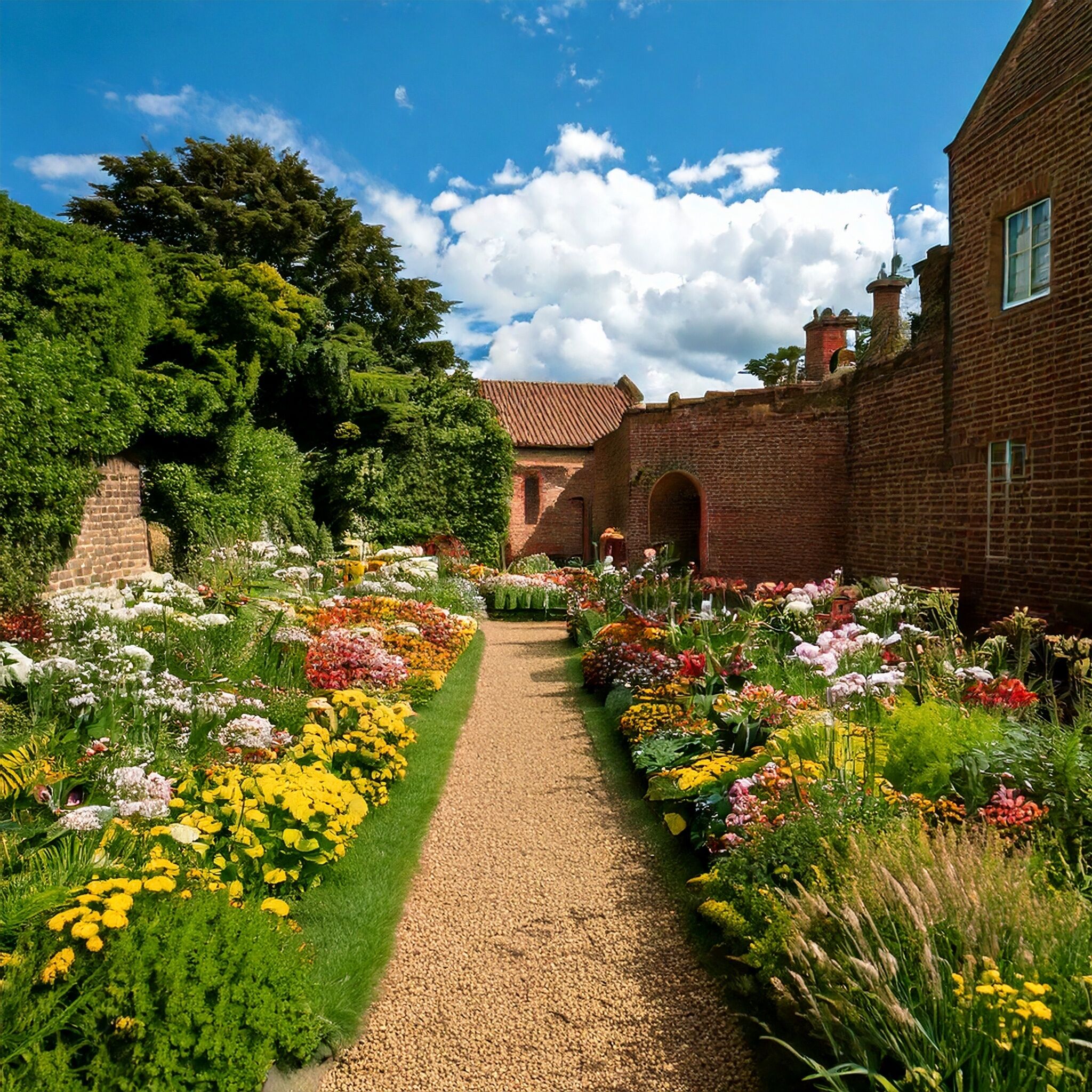 A garden pathway leading to a brick building with a tiled roof.