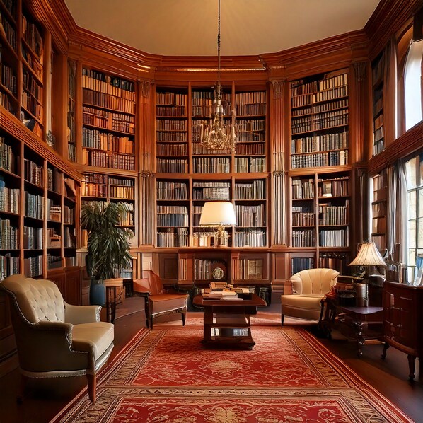 Een bibliotheek met hoge houten boekenkasten vol boeken, een kroonluchter, lederen fauteuils, een rood tapijt en een grote potplant.