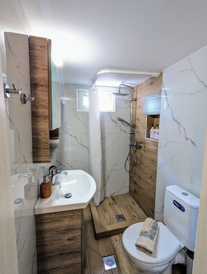 Shower, hair dryer, towels, soap