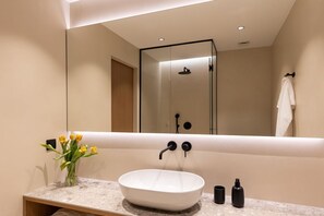 Shower, free toiletries, hair dryer, bathrobes