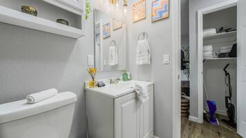 Hair dryer, towels, soap, shampoo