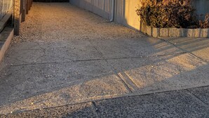 Una casa con entrada de grava, cerca de madera y un arbusto pequeño.