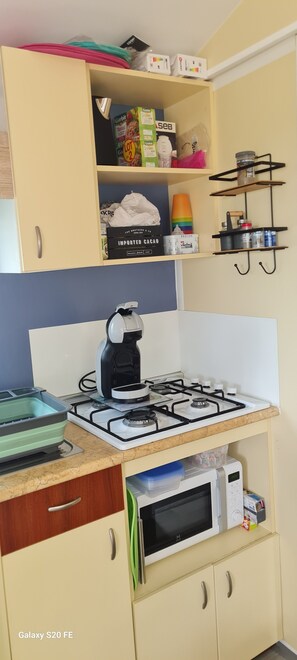 Réfrigérateur, micro-ondes, plaque de cuisson, cafetière/bouilloire
