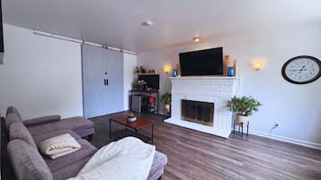 Smart TV, fireplace, books