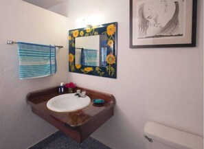 Hair dryer, towels, soap, toilet paper