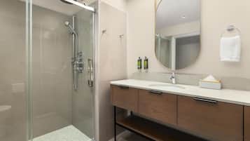 A modern bathroom with a glass-enclosed shower, a vanity with a sink, and a mirror.