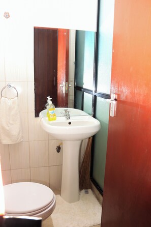 Shower, towels, soap, toilet paper