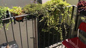 A balcony with a metal railing, potted plants, a red chair, and a view of a street with buildings and a parked car. - Apartment in the heart of the Valtellina, in an 18th century farmhouse. (Morbegno)
