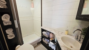 Hair dryer, towels, toilet paper
