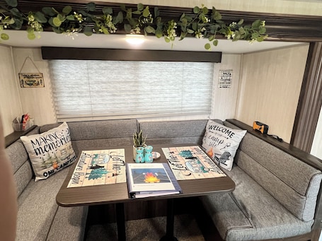 Dining. Cozy RV with WiFi and Heat in charming Bloomington