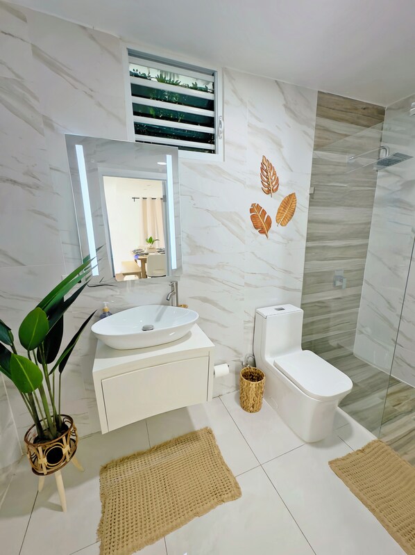 Shower, hair dryer, towels, soap