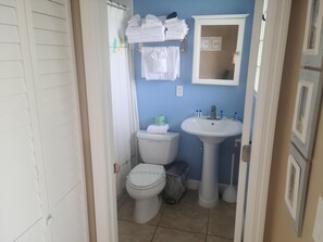 Hair dryer, towels, soap, toilet paper