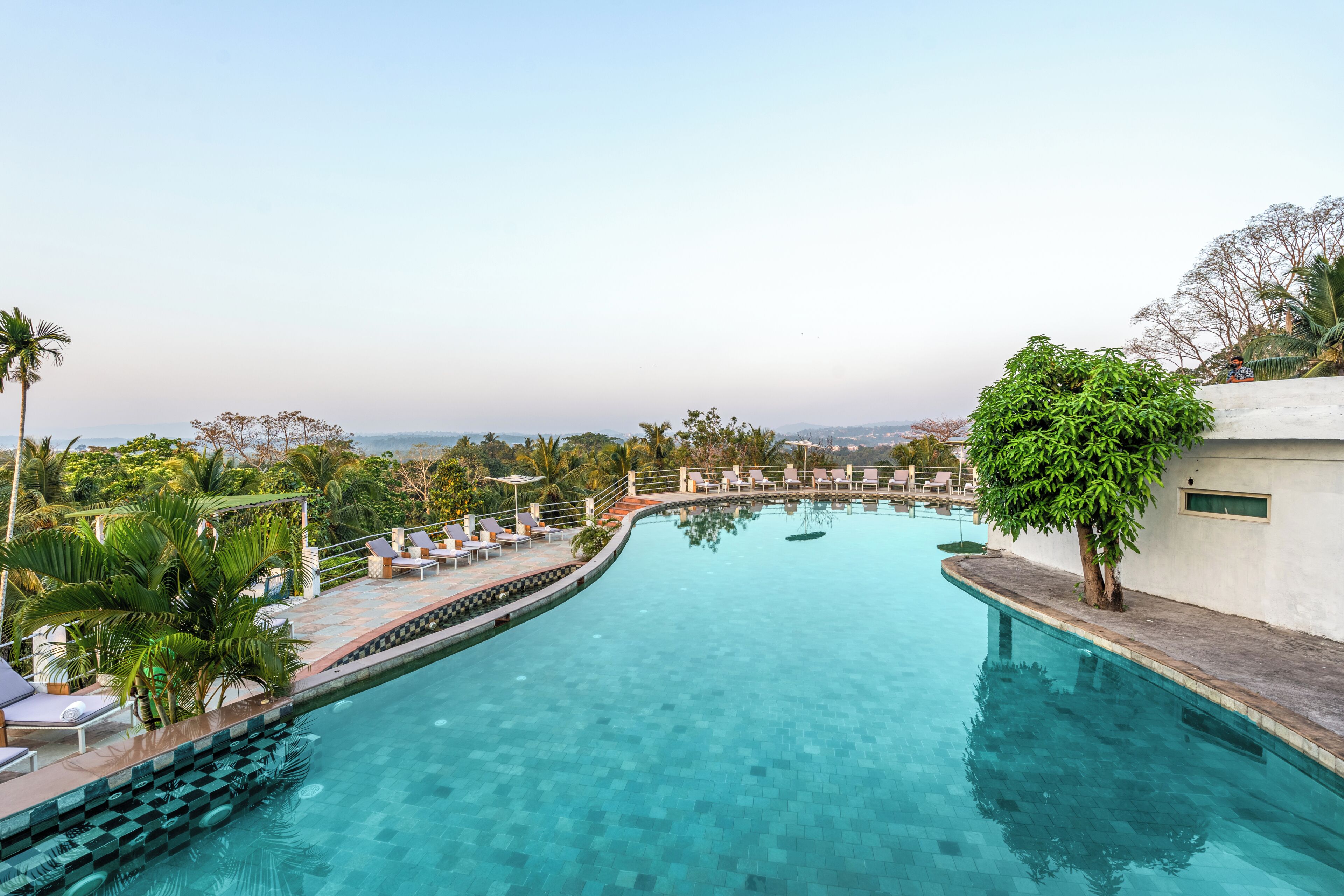Outdoor pool, pool umbrellas, pool loungers
