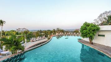 Outdoor pool, pool umbrellas, pool loungers