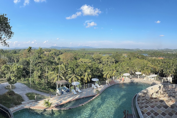Outdoor pool, pool umbrellas, pool loungers