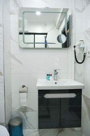 A bathroom with a white sink, a mirror, a towel dispenser, and a trash bin. - La Vitinre (Istanbul)