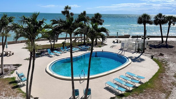 Zona de piscina con palmeras, sillas de descanso y vista al océano.
