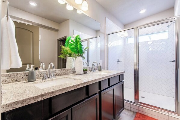 A modern bathroom with a granite countertop, a large mirror, a potted plant, and a shower with a glass door.