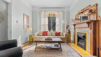 Smart TV, fireplace, books