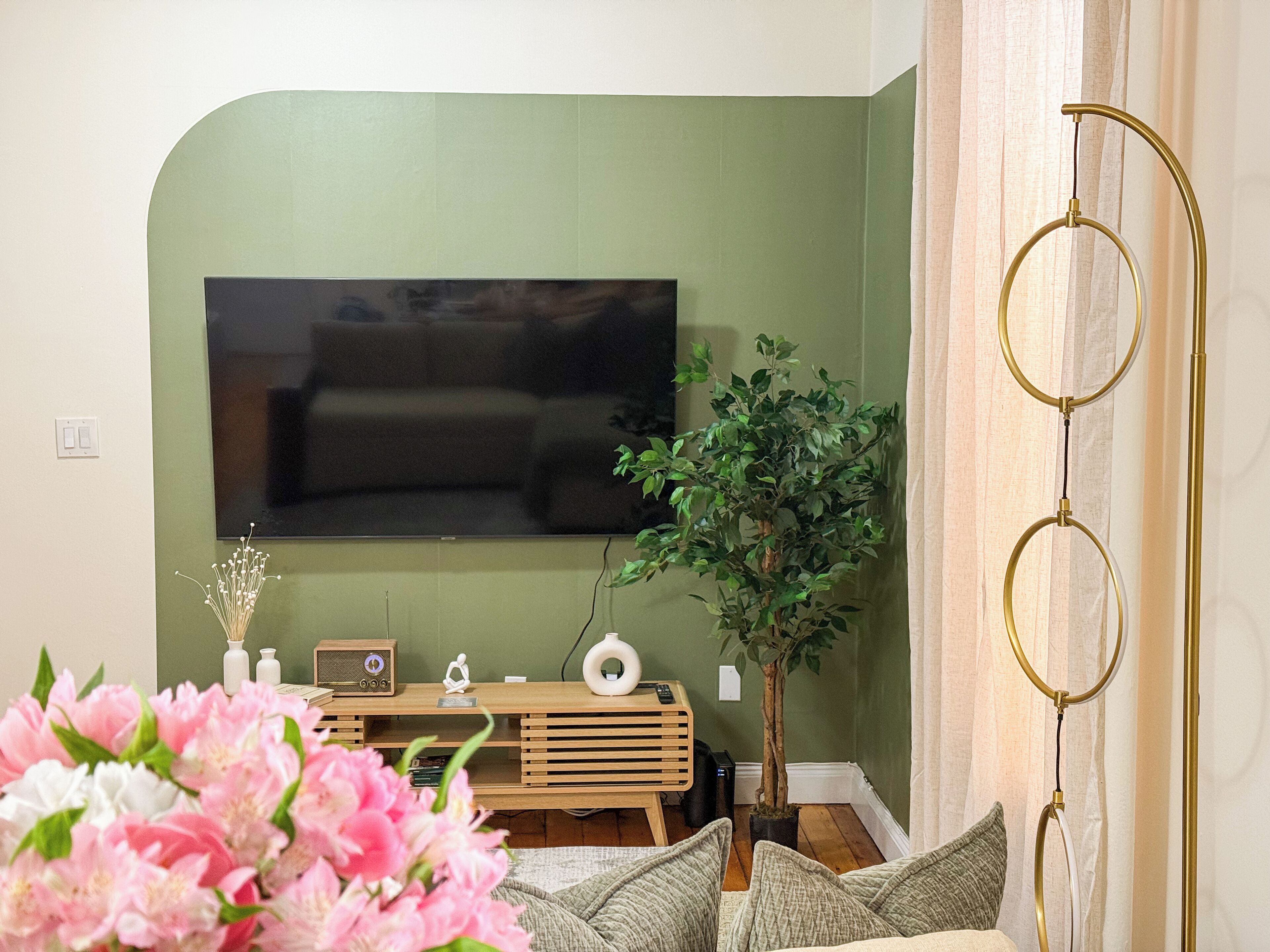 A living room with a flat-screen TV mounted on a green wall, a wooden entertainment unit, a potted plant, and a decorative floor lamp.