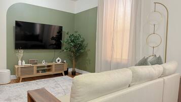 TV connectée, cheminée, livres