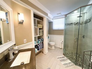 Shower, hair dryer, towels, soap