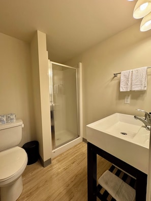 A bathroom with a toilet, a shower enclosure, a sink, and a towel rack.