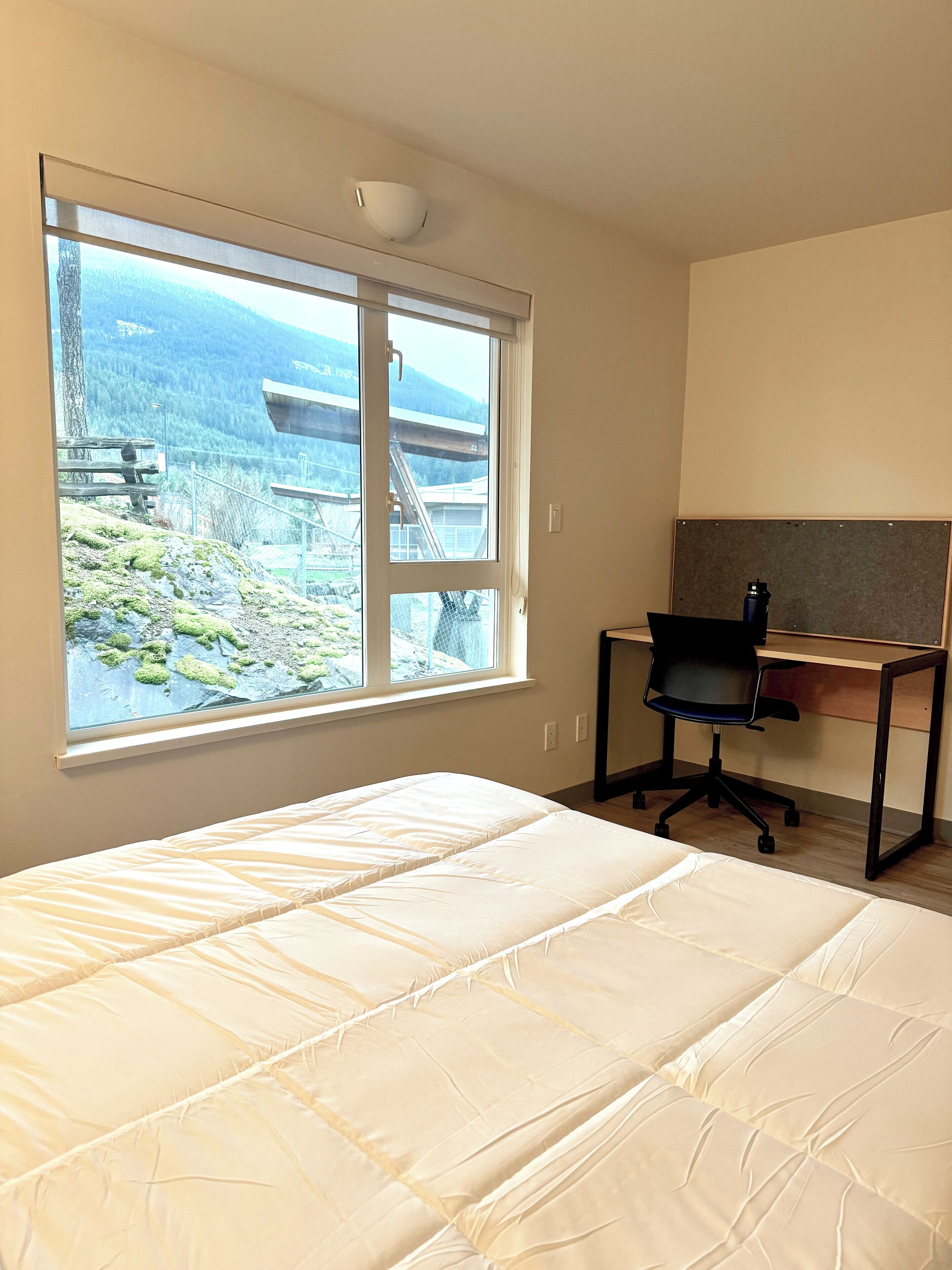 A room with a bed, a desk, and a window with a view of a mountainous landscape.