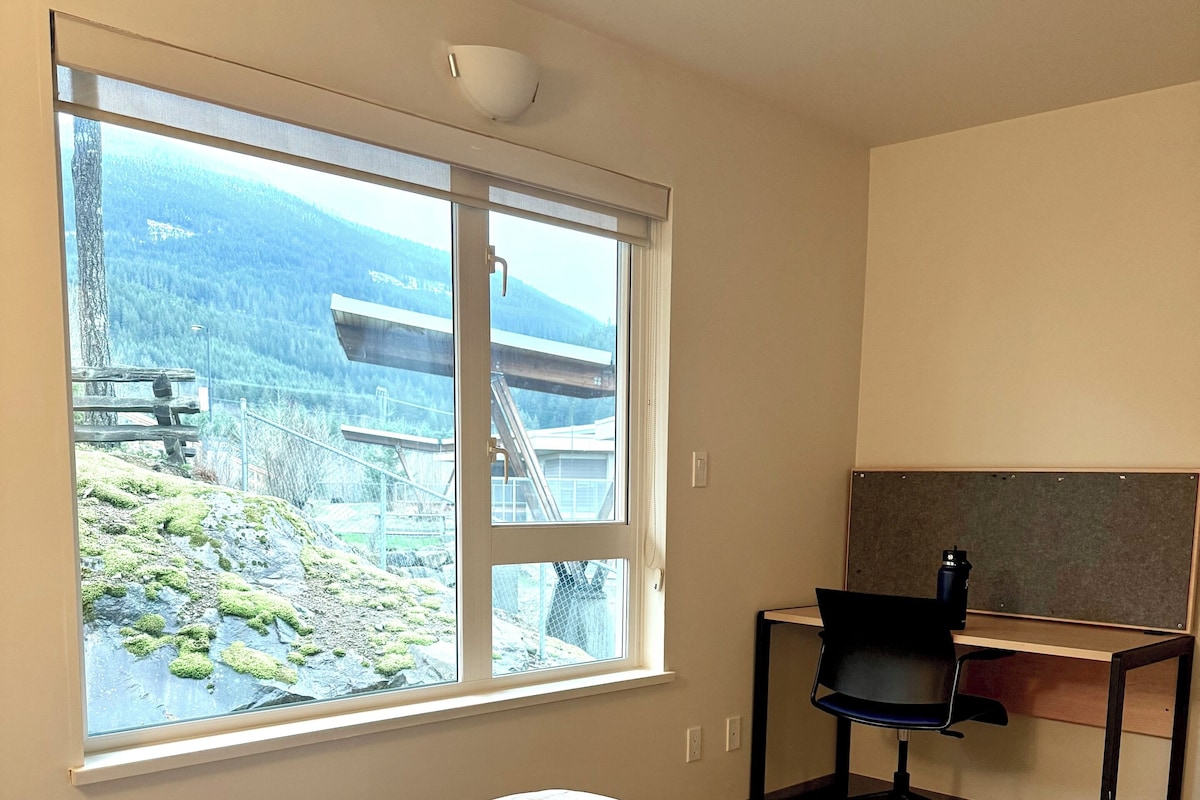 A room with a bed, a desk, and a window with a view of a mountainous landscape.