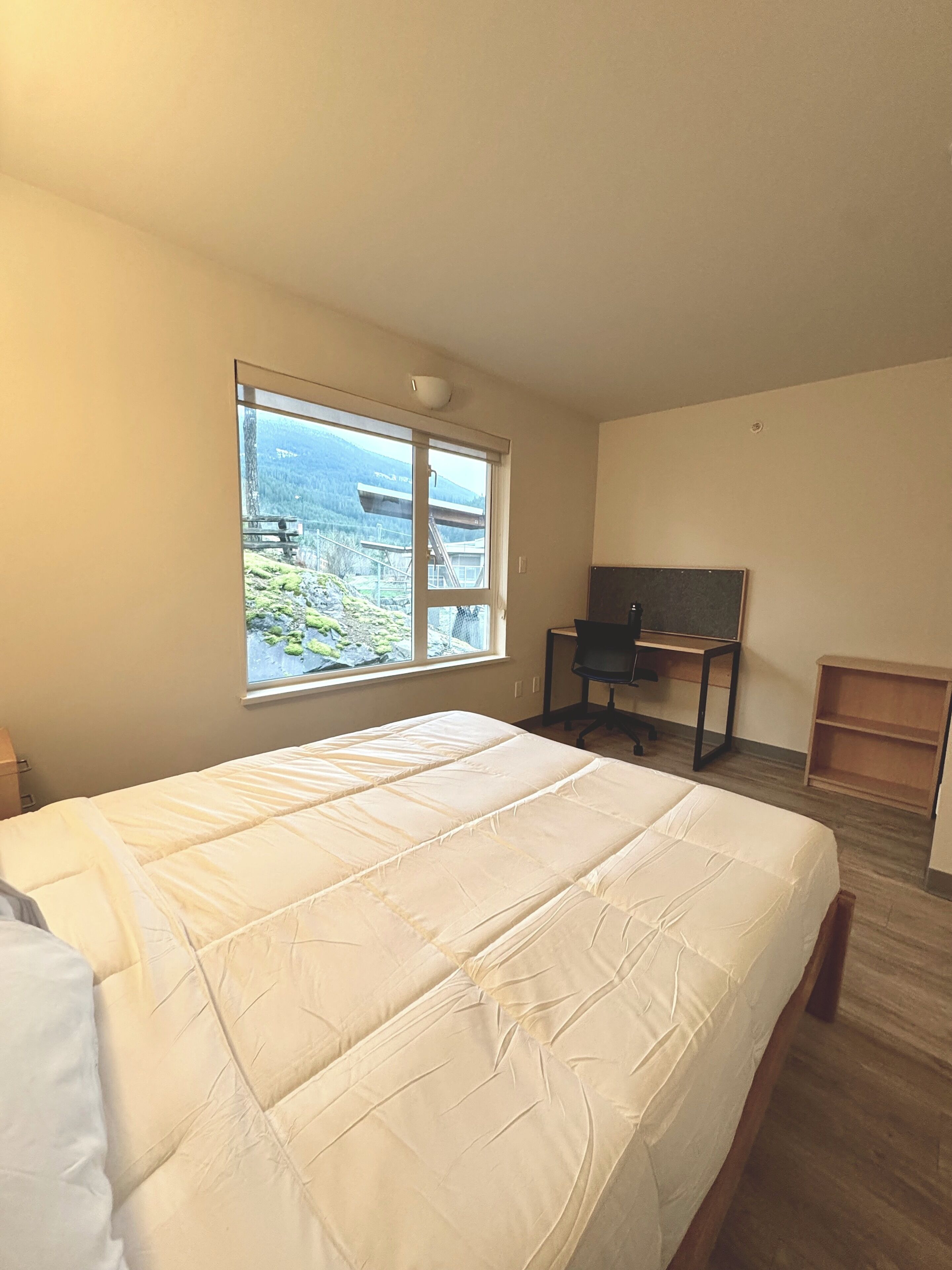 A bedroom with a bed, a desk, and a window with a view of a mountain.