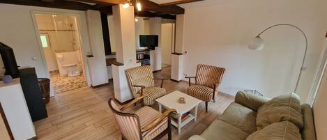 Una Smart TV, una chimenea, un reproductor de DVD