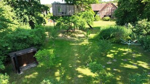 A garden with a wooden structure, a clothesline, and a small tree.