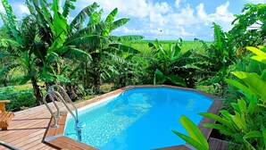 A wooden deck with a pool, surrounded by lush tropical plants. - belle créole (Anse-Bertrand)