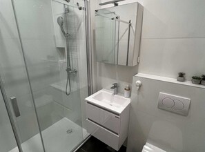 Shower, hair dryer, towels