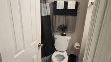 Sèche-cheveux, serviettes fournies, savon, shampoing