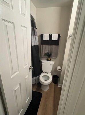 Hair dryer, towels, soap, shampoo