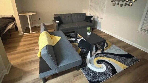 Un soggiorno con un divano grigio, un tavolino da caffè e un tappeto decorato.