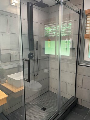 Dusche, Haartrockner, Handtücher, Seife