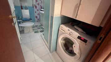 Shower, hair dryer, bidet, towels