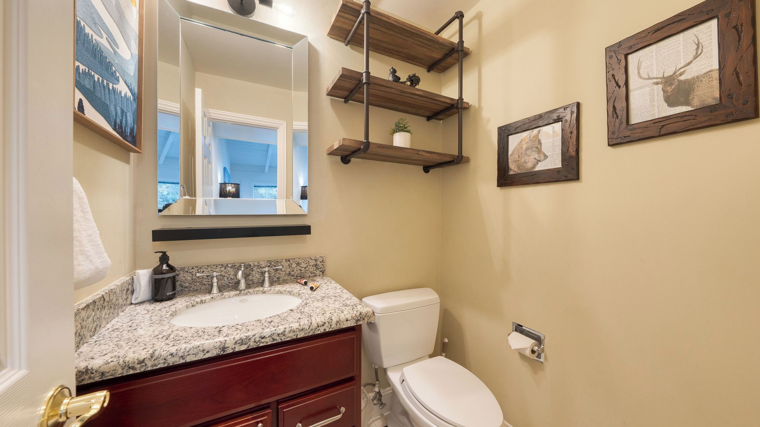 Une salle de bain avec un lavabo surmonté d’un plan de travail en granit, des toilettes blanches, des étagères en bois au-dessus des toilettes et un tableau encadré au mur.